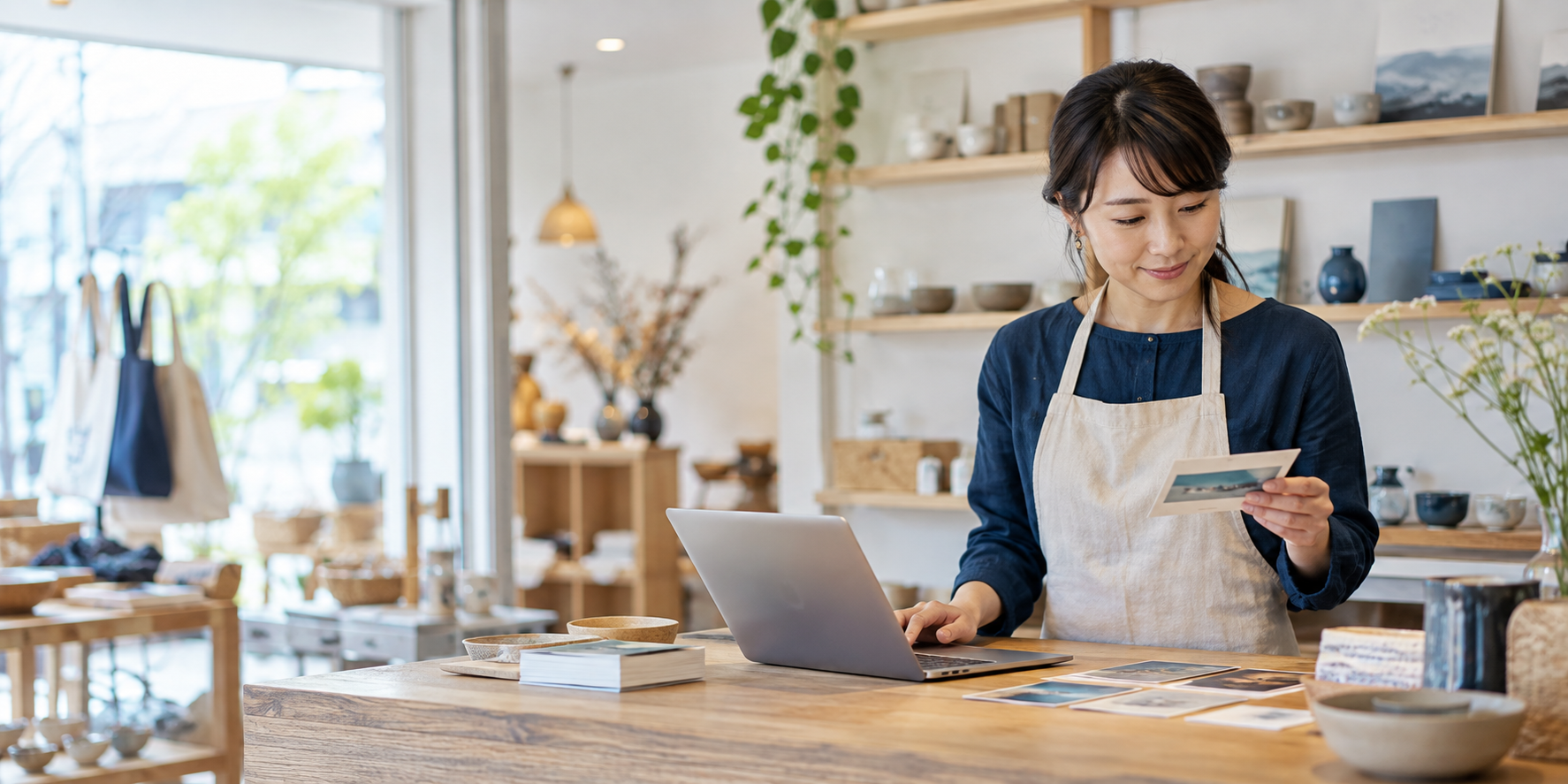 小さな店舗で仕事をする様子
